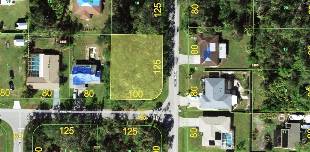This is an aerial map showing a vacant lot highlighted in yellow among residential properties — 1100 ALETHA AVENUE, PORT CHARLOTTE, FL