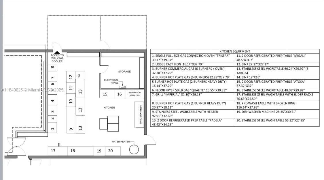 This is a floor plan of a commercial kitchen layout with a numbered equipment list — N University Dr, Sunrise FL 33322, SUNRISE, FL
