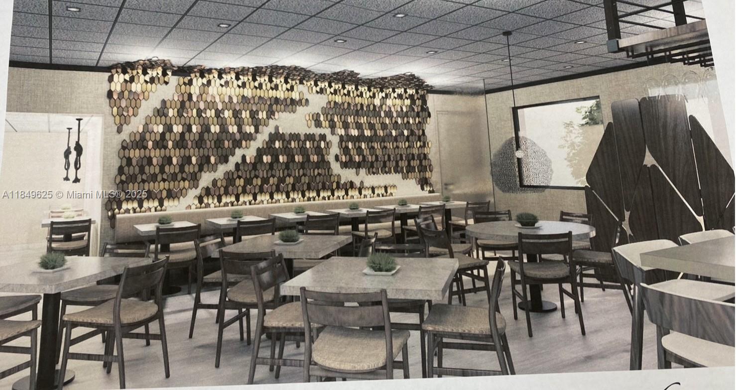 This architectural rendering shows a restaurant dining room featuring a large, decorative honeycomb-patterned wall — N University Dr, Sunrise FL 33322, SUNRISE, FL