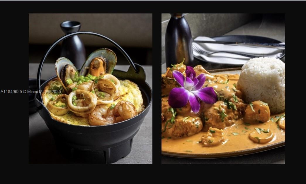 Two side-by-side images show a seafood dish in a black pot and a curry dish — N University Dr, Sunrise FL 33322, SUNRISE, FL