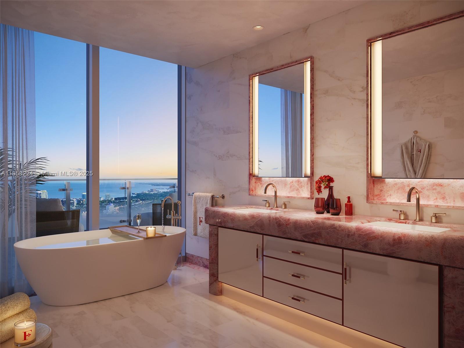 This rendering shows a luxury bathroom with a pink marble vanity and a soaking tub — 24 SW 4th St # E1502, Miami FL 33130, MIAMI, FL