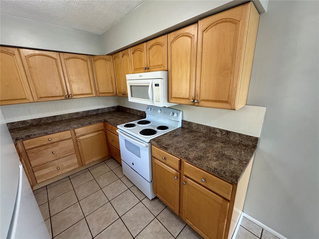 A kitchen with light wood cabinets, dark laminate countertops, and white appliances — 460 MOUNT VERNON COURT, EUSTIS, FL