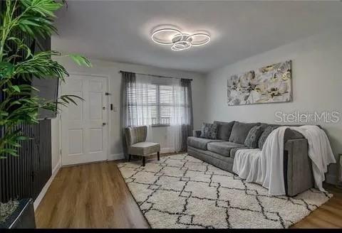 A living room features a gray sofa, a patterned rug, and a modern circular light fixture — 2500 HARN BLVD UNIT F22, CLEARWATER, FL