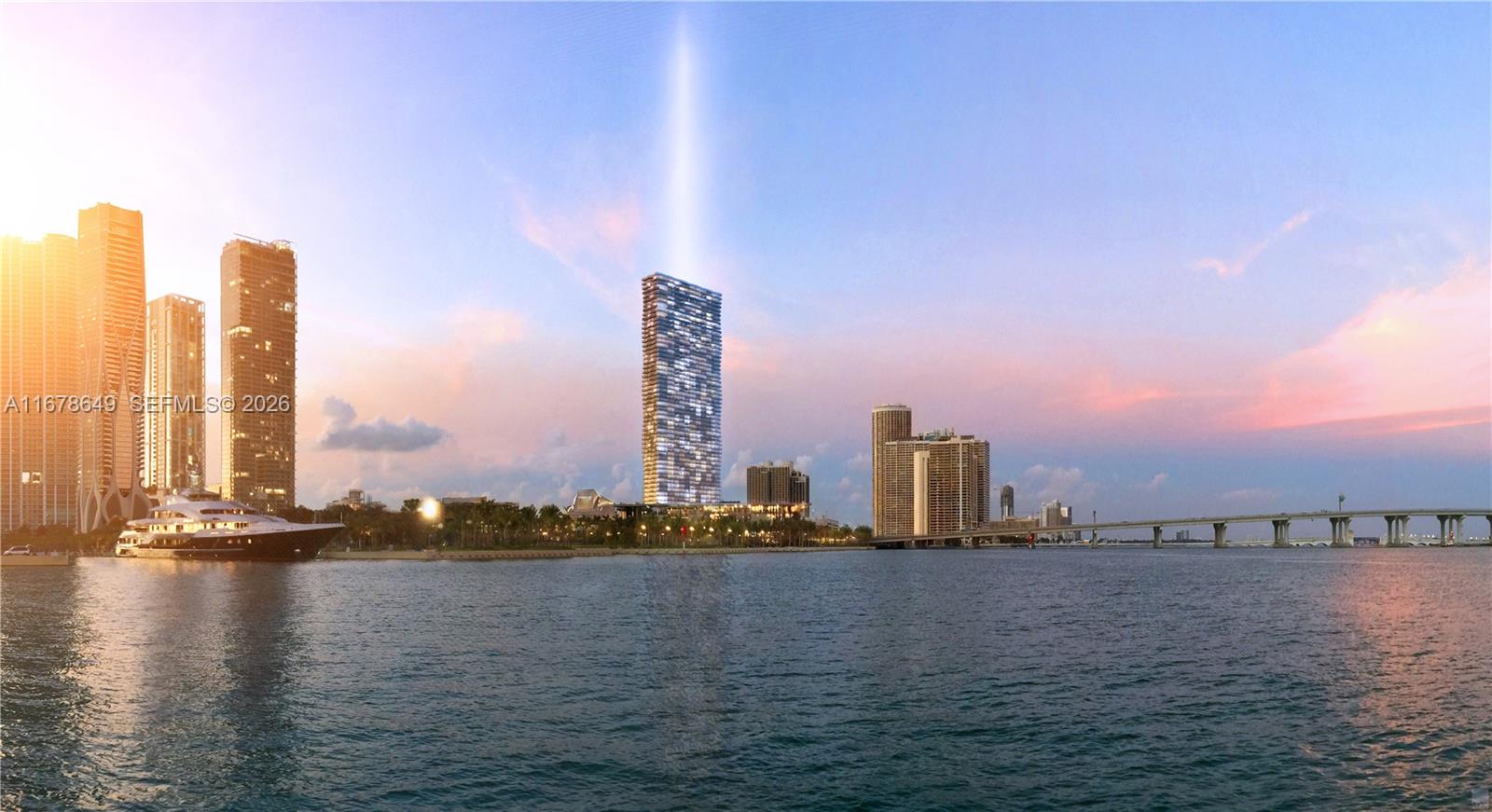 This is a rendering of a waterfront high-rise building in a city skyline at sunset — 1400 Biscayne Boulevard # 5104, Miami FL 33132, MIAMI, FL