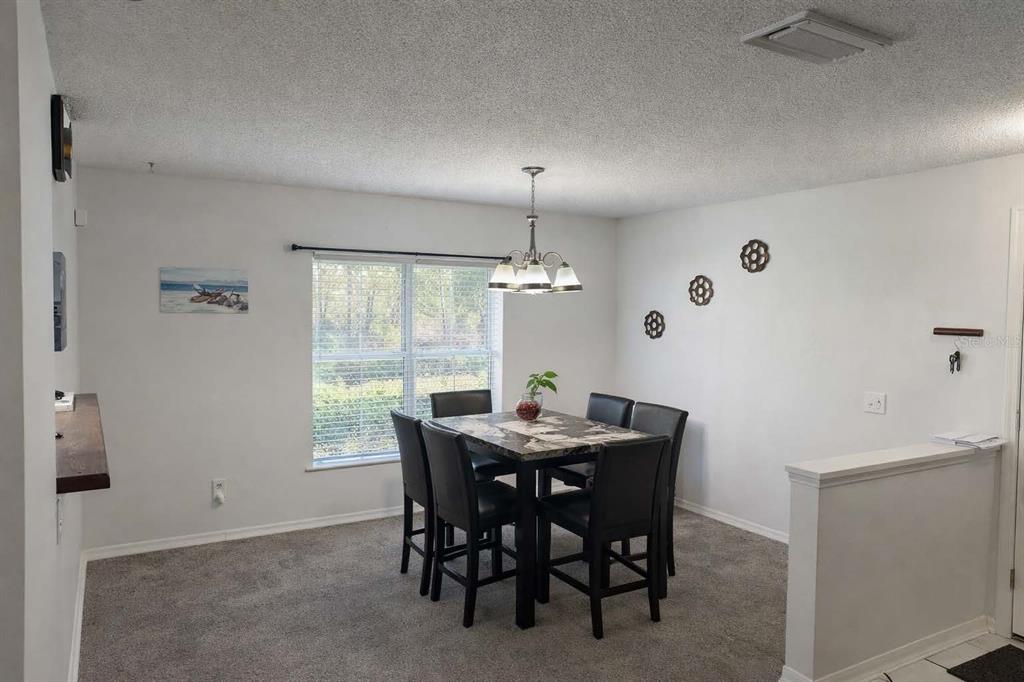 A dining area with a dark table, six chairs, a chandelier, and carpeted flooring — 7135 WATERSIDE DRIVE, TAMPA, FL