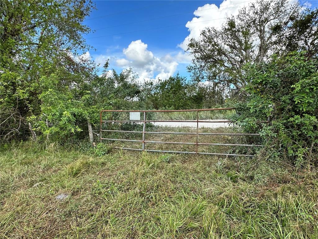 A metal farm gate stands at the entrance to a grassy, tree-lined lot — WAUCHULA ROAD, MYAKKA CITY, FL