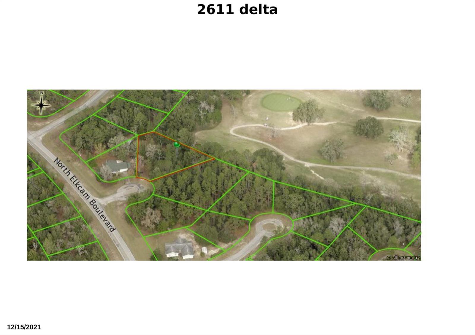 This aerial map shows a wooded residential lot outlined in red near a golf course — 2611 W Delta Blue Court, FL 34434, FL