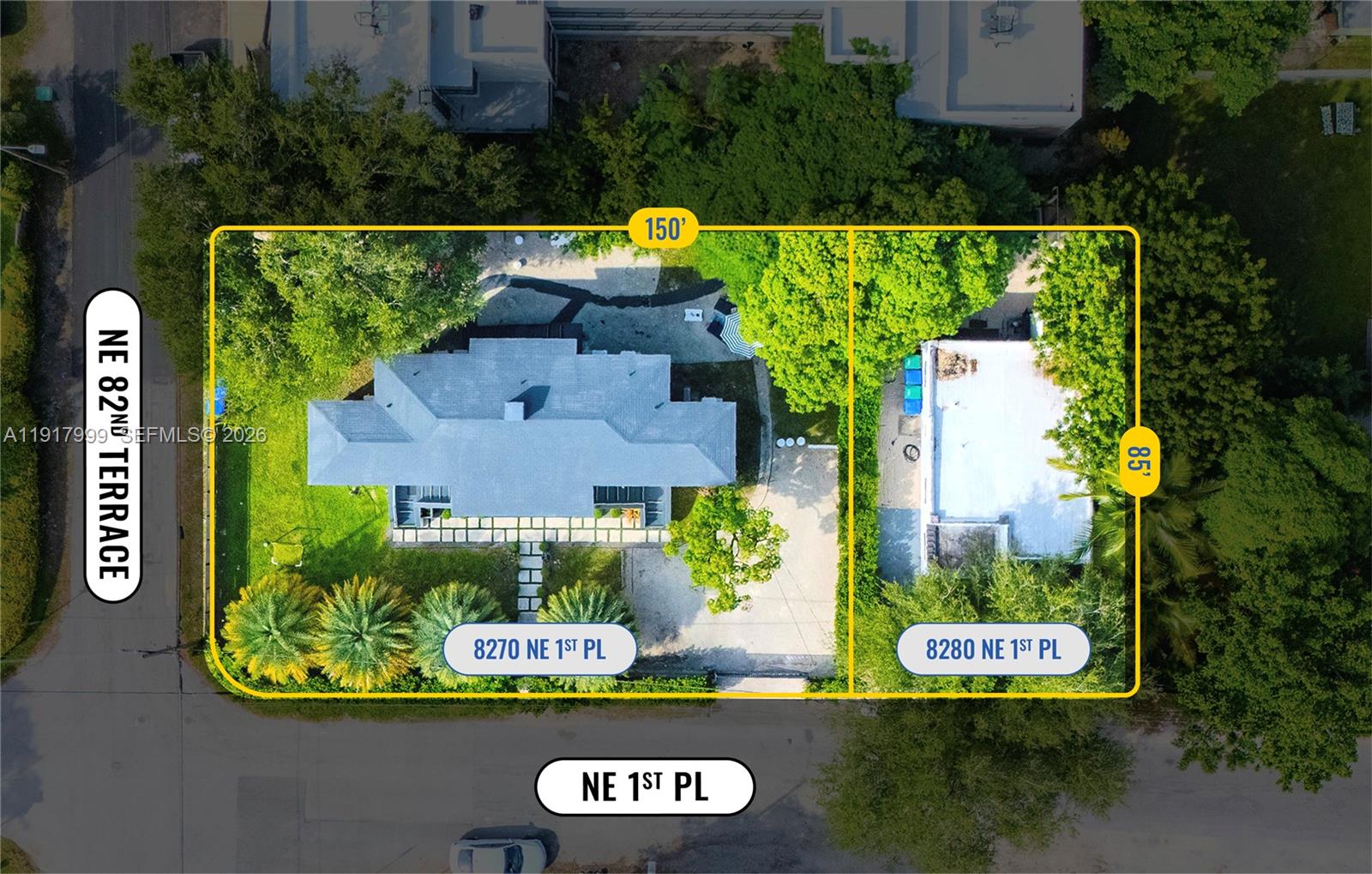 This aerial map shows two adjacent residential lots with houses, trees, and property dimensions — 8270 NE 1st Pl, Miami FL 33138, MIAMI, FL