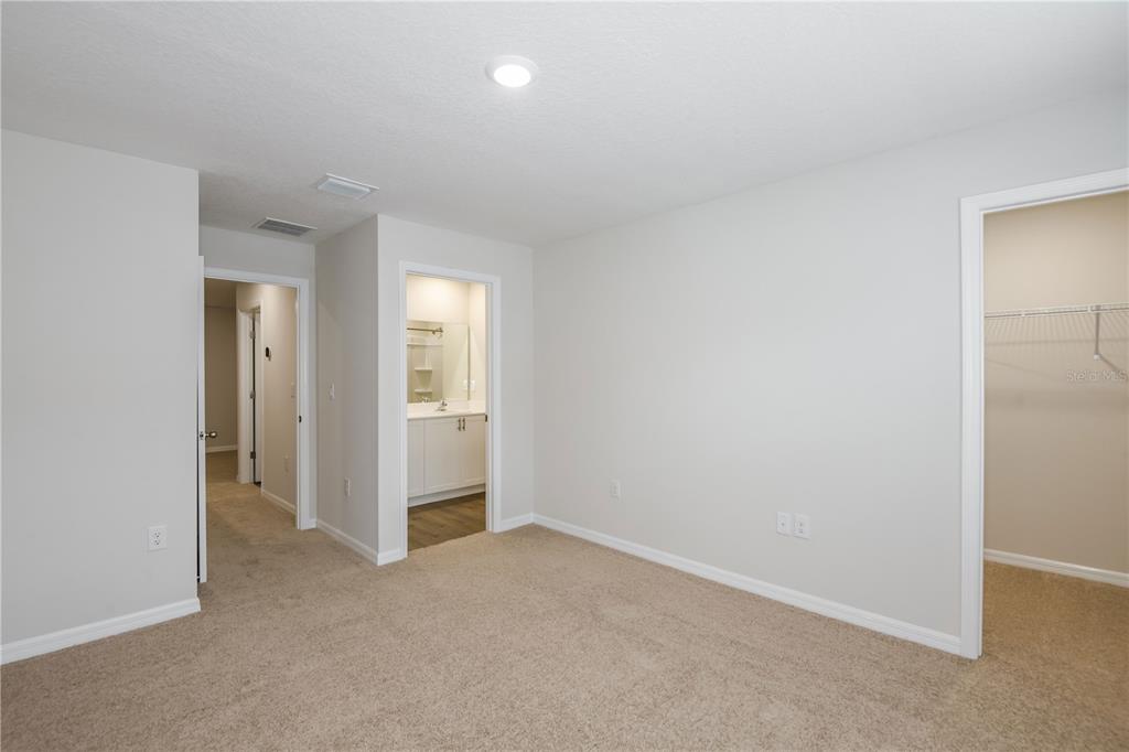 A carpeted bedroom features a doorway to a bathroom and an open walk-in closet — 9872 PELICAN COAST DRIVE, DADE CITY, FL