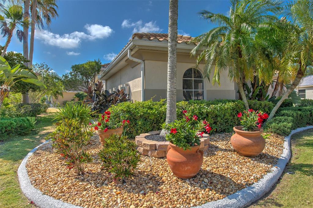 A landscaped front yard features a palm tree, potted red flowers, and a stone border — 504 RIMINI VISTA WAY, SUN CITY CENTER, FL