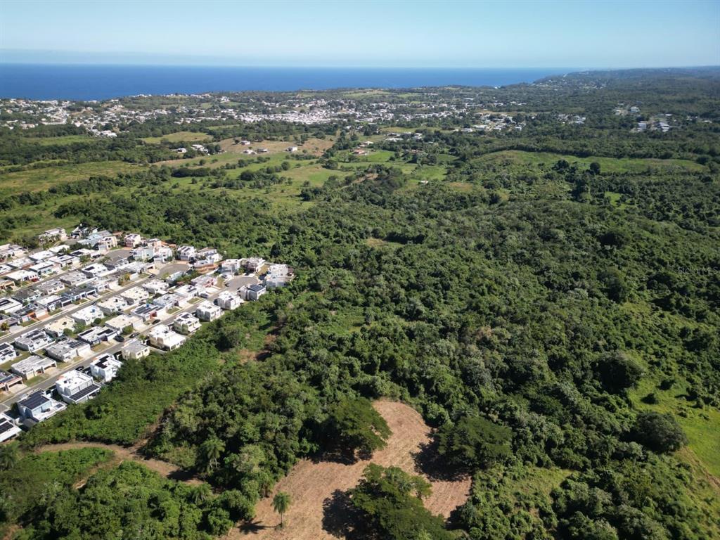 An aerial view shows a residential development bordering a large, dense area of green forest — MASIONES DEL ATLANTICO, ISABELA, PR