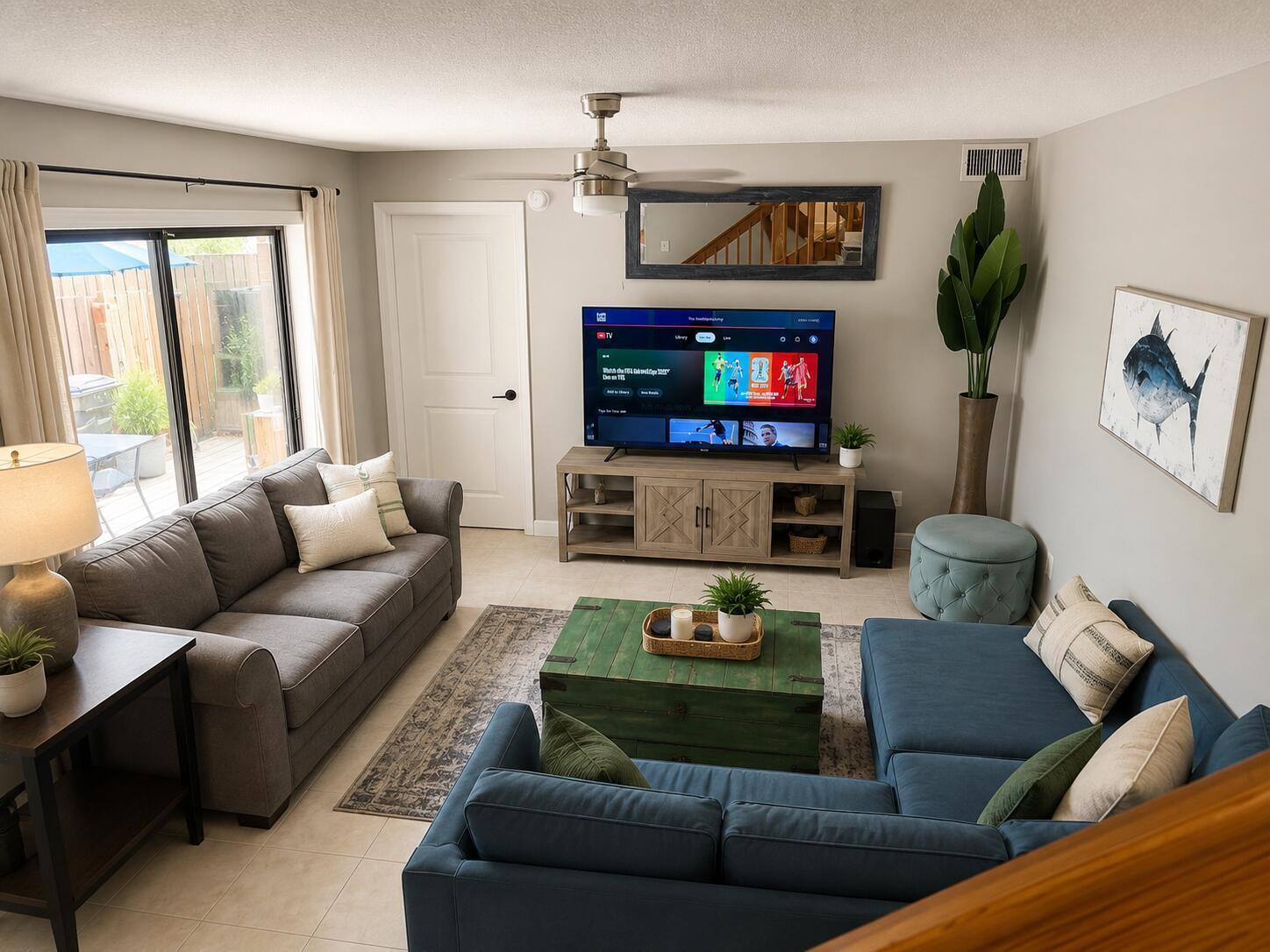A living room features a gray sofa, a blue sectional, a green coffee table, and TV — 8259 Boca Rio, Boca Raton FL 33433, BOCA RATON, FL
