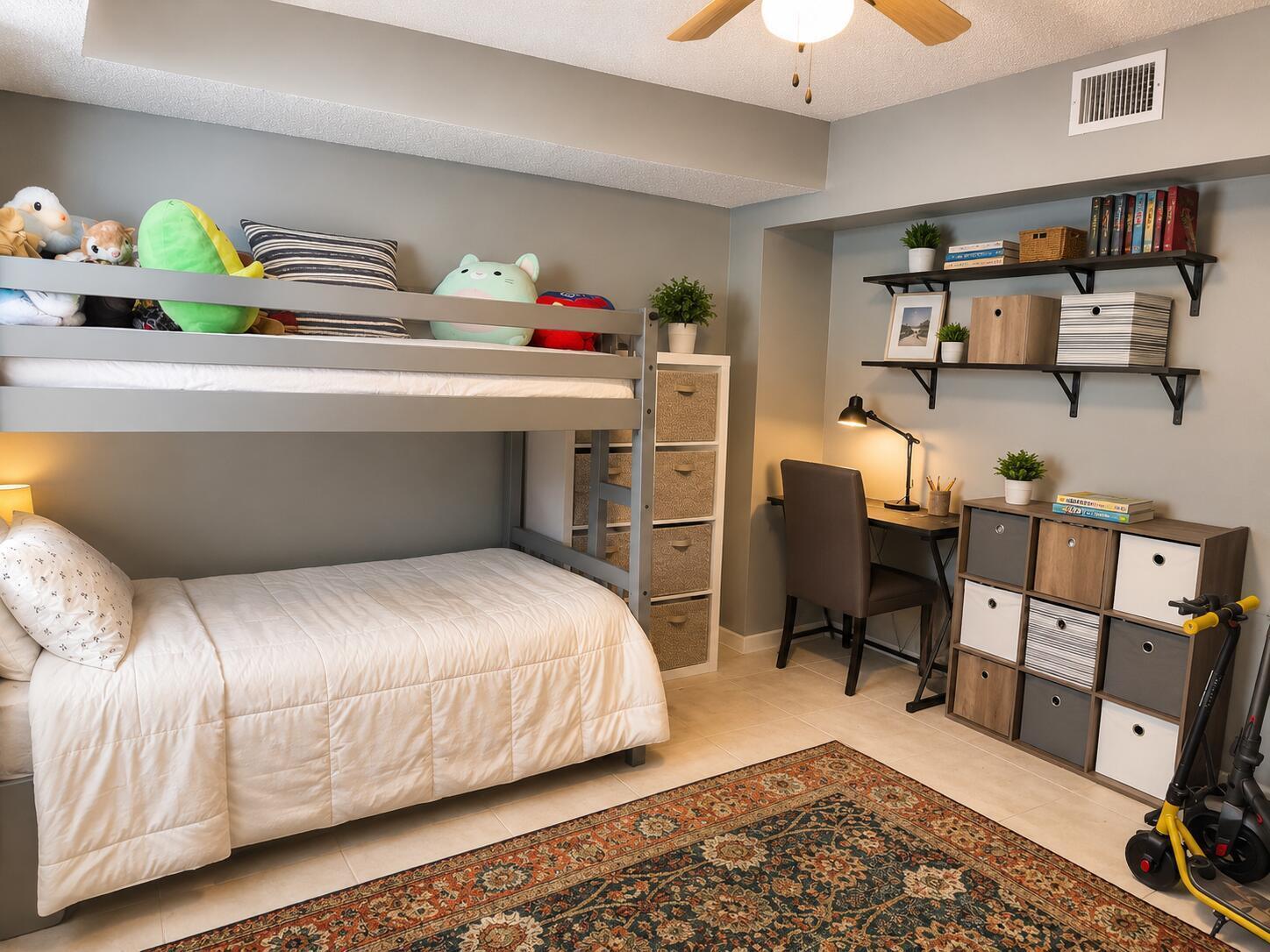 A bedroom features a gray bunk bed, a desk with a chair, and cube storage shelves — 8259 Boca Rio, Boca Raton FL 33433, BOCA RATON, FL