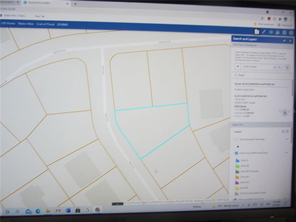 This is a digital map showing a property parcel highlighted in blue on a computer screen — FELIX AVENUE, NORTH PORT, FL