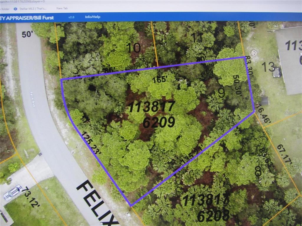 This is a property map showing the boundaries and dimensions of a wooded residential lot — FELIX AVENUE, NORTH PORT, FL