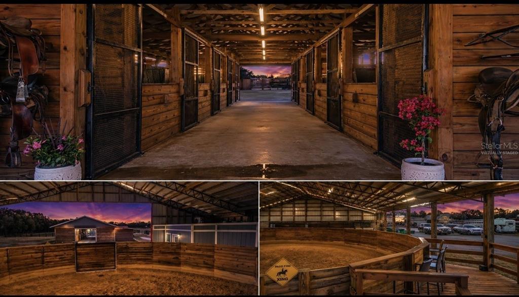 A collage showing a wooden horse stable interior and an outdoor circular riding arena — 16750 SE 19TH COURT, SUMMERFIELD, FL