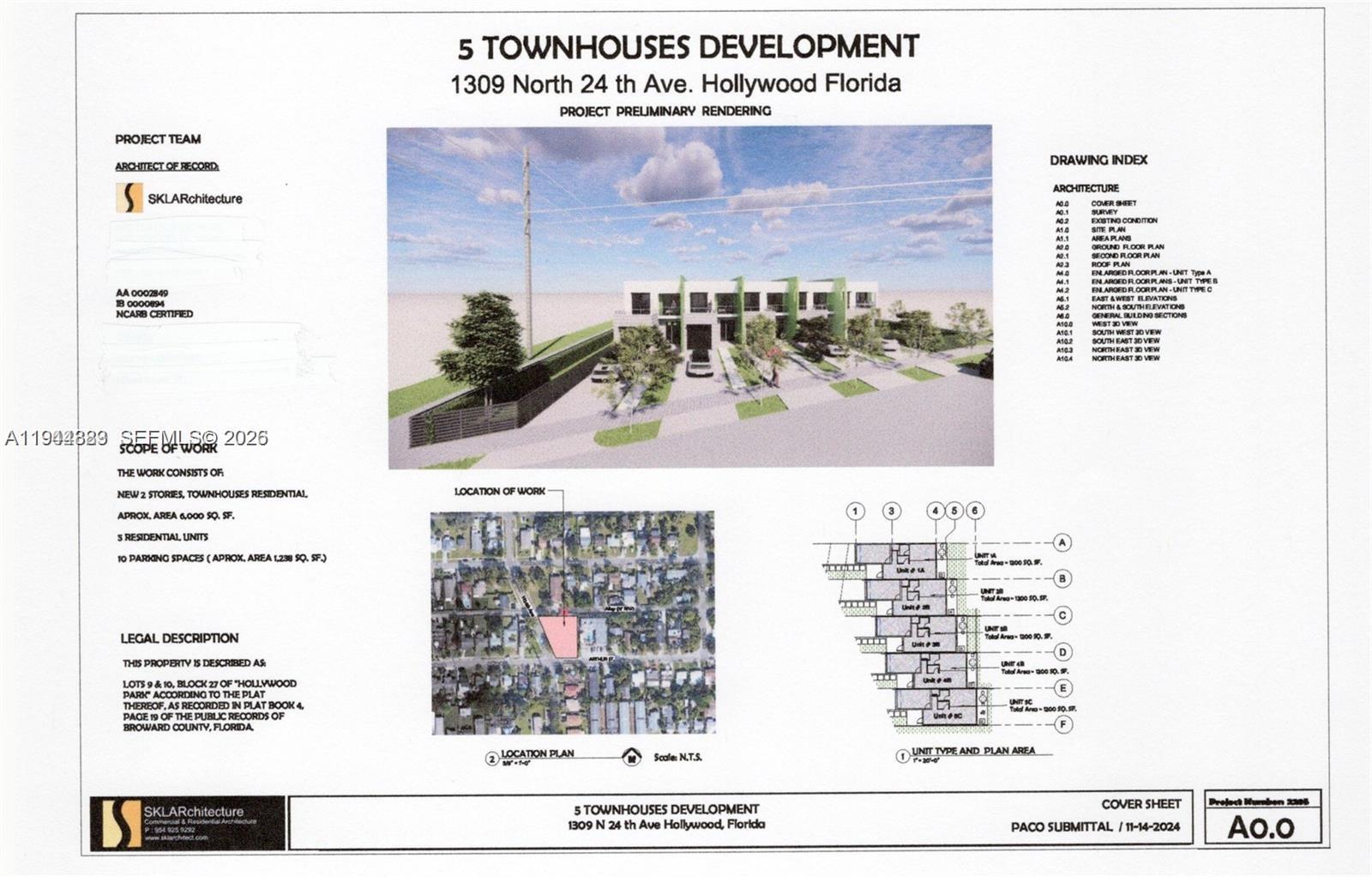 This architectural cover sheet displays a rendering, site map, and unit layout for a townhouse development — 1309 N 24th Ave, Hollywood FL 33020, HOLLYWOOD, FL