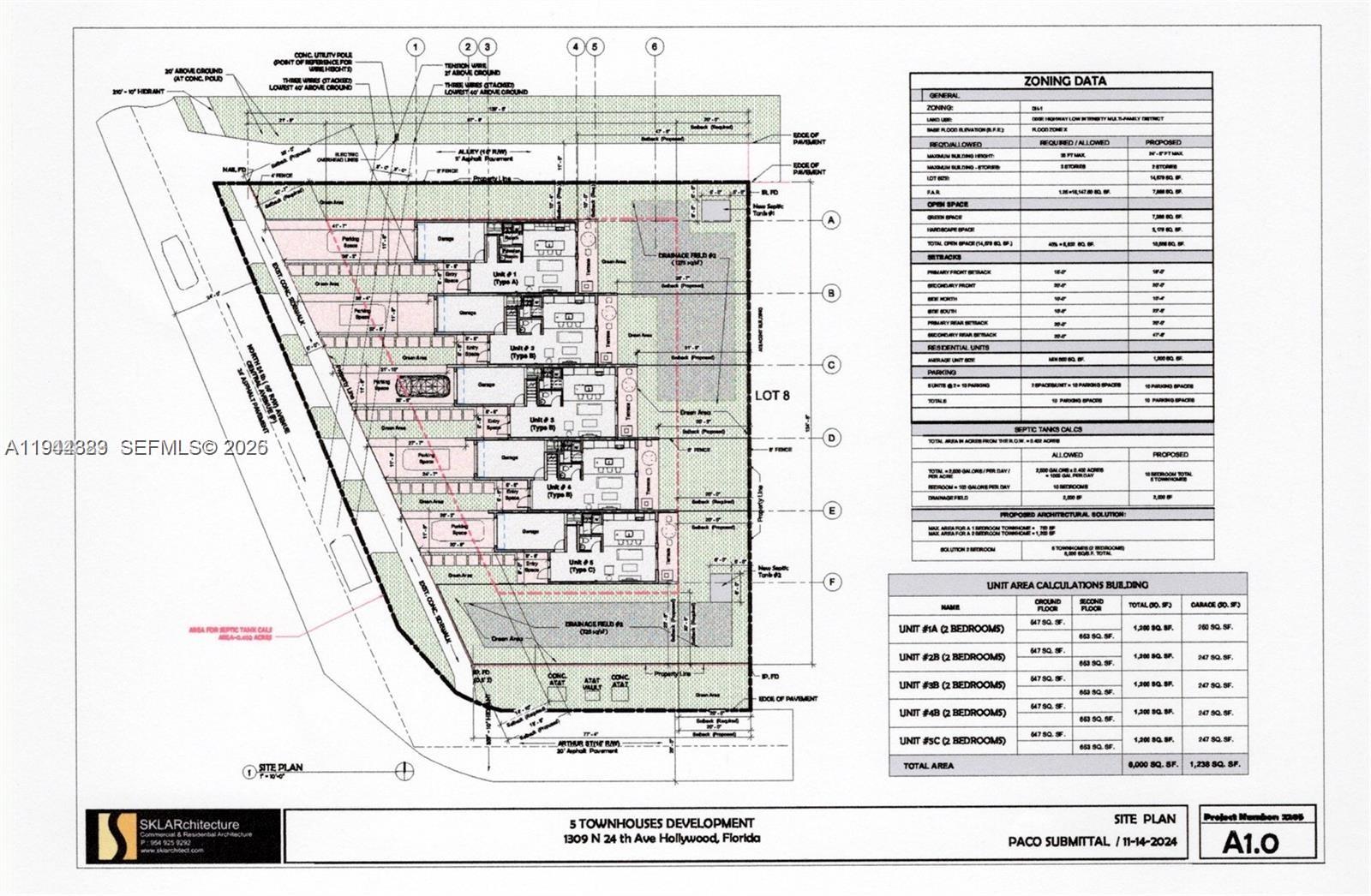 This is a site plan rendering for a proposed five-unit townhome development — 1309 N 24th Ave, Hollywood FL 33020, HOLLYWOOD, FL