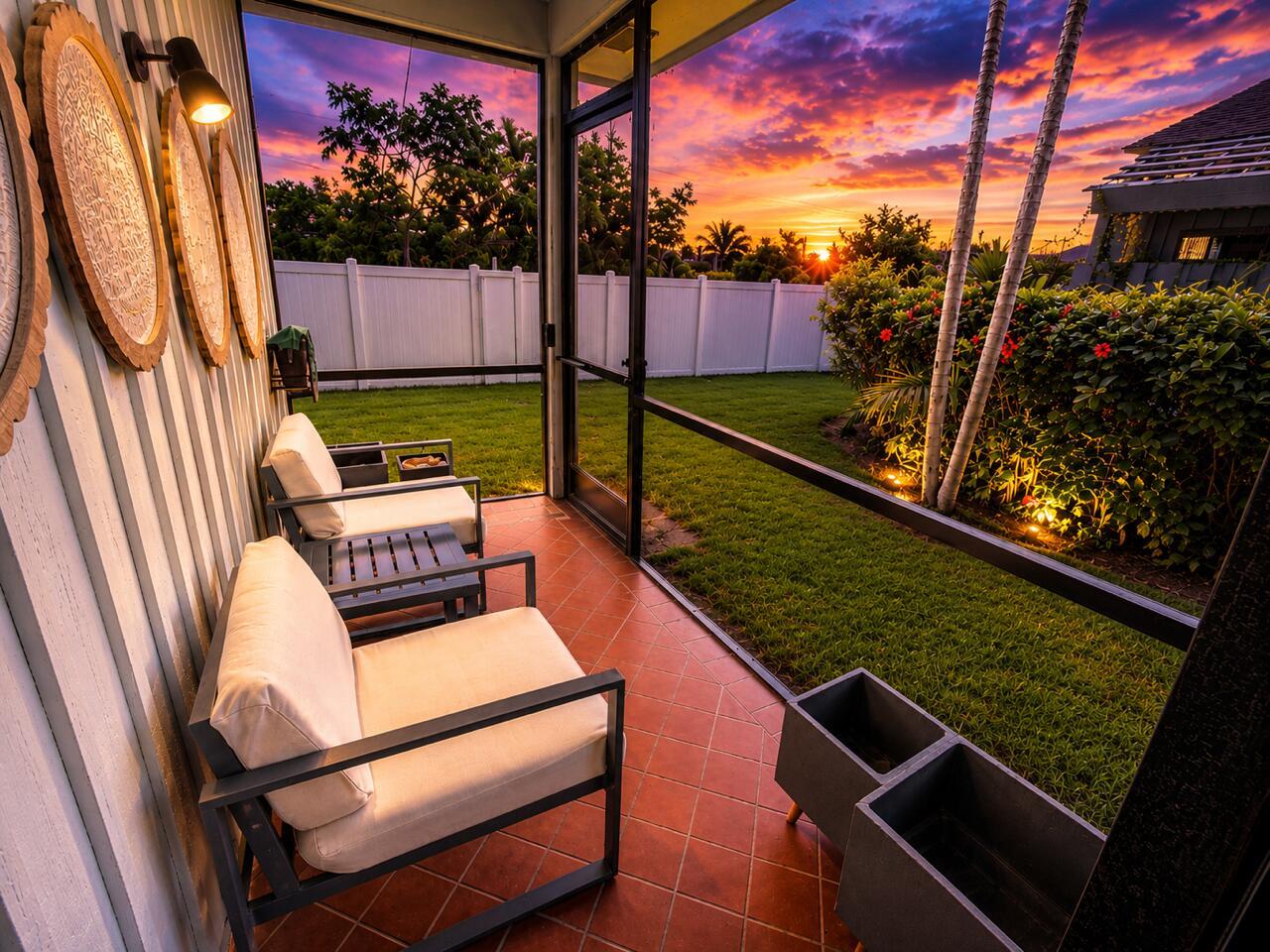 A screened-in porch features two chairs, tile flooring, and a view of a sunset backyard — 1541 N 14th Terrace, Hollywood FL 33020, HOLLYWOOD, FL