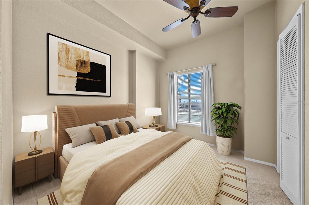 This is a digital rendering of a bedroom featuring a bed, lamps, and a window — 700 S HARBOUR ISLAND BOULEVARD UNIT 813, TAMPA, FL