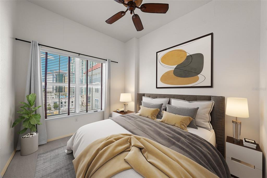 This is a digital rendering of a bedroom featuring a bed, nightstands, and a window — 700 S HARBOUR ISLAND BOULEVARD UNIT 813, TAMPA, FL