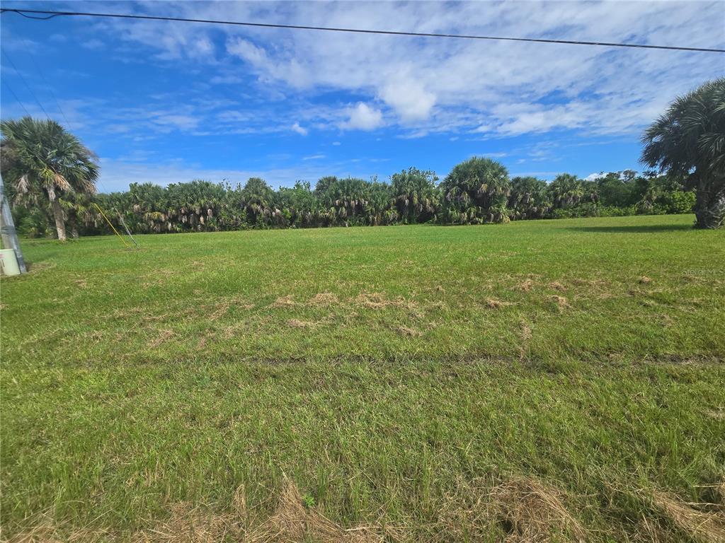 A flat, grassy vacant lot is bordered by a line of trees under a blue sky — 16947 ACAPULCO ROAD, PUNTA GORDA, FL