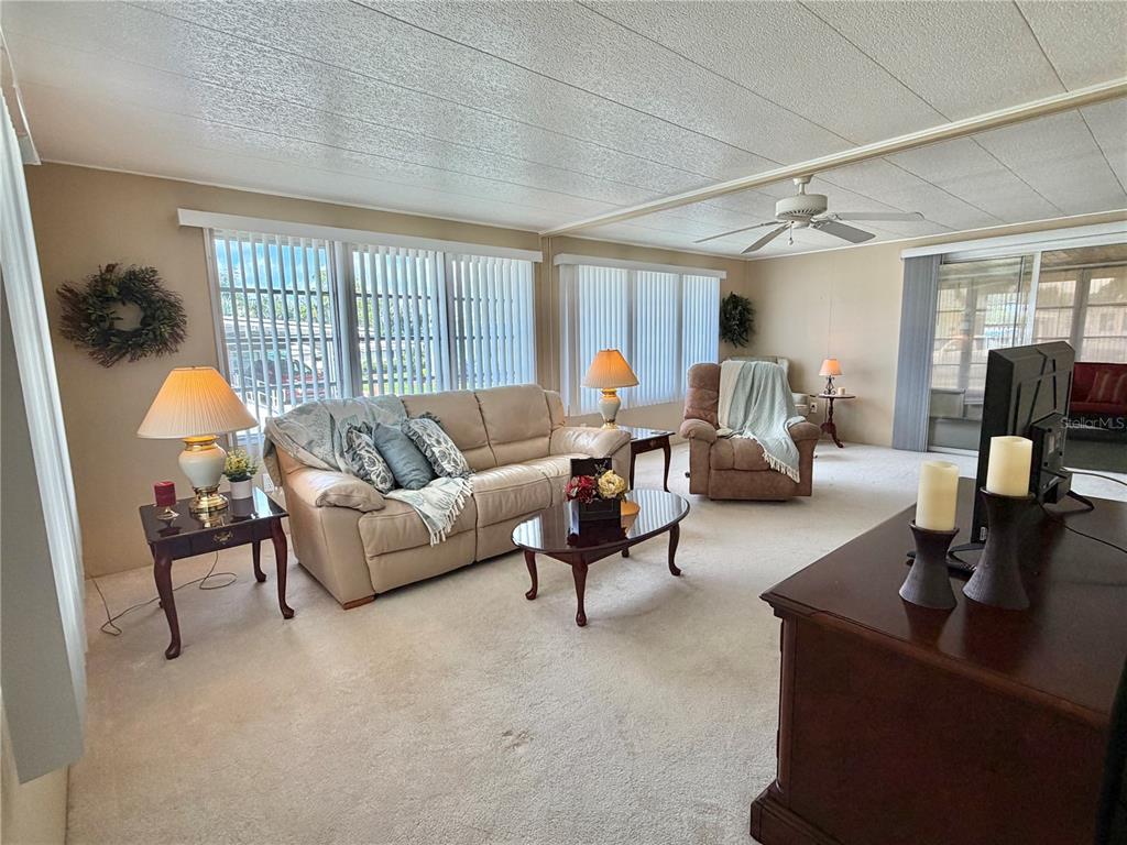 A living room features beige carpet, a light-colored sofa, a recliner, and vertical window blinds — 117 JACARANDA DRIVE, LEESBURG, FL