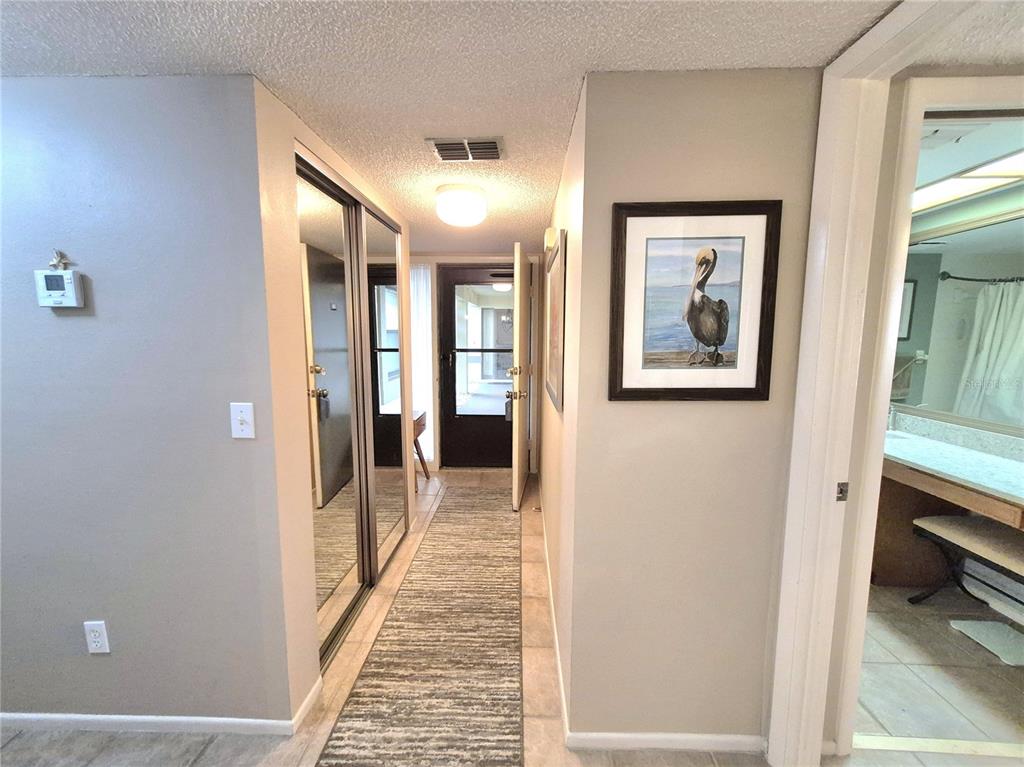 A hallway with a mirrored closet, a pelican picture, and a door leading outside — 50 WOODLAKE PLACE UNIT 50, OLDSMAR, FL