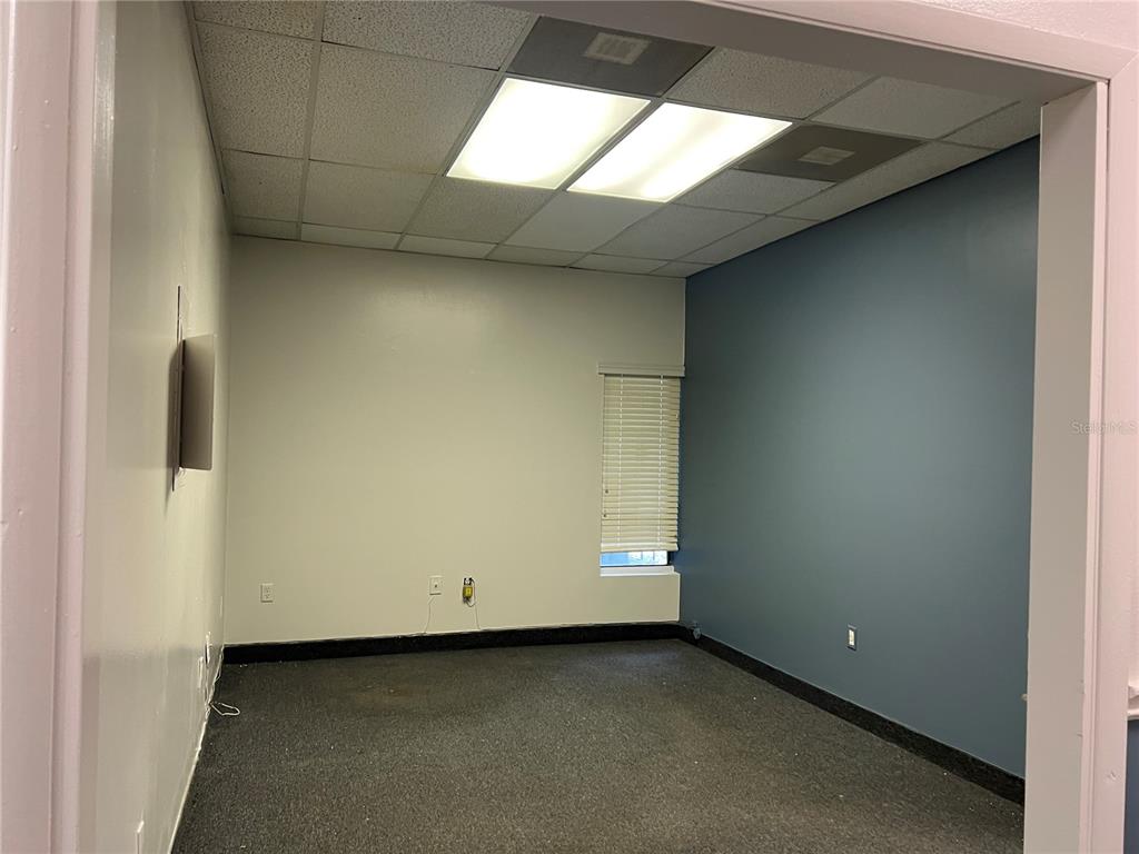 An empty office room features a blue accent wall, gray carpet, and a drop ceiling — 1173 SPRING CENTRE SOUTH BOULEVARD UNIT A, ALTAMONTE SPRINGS, FL