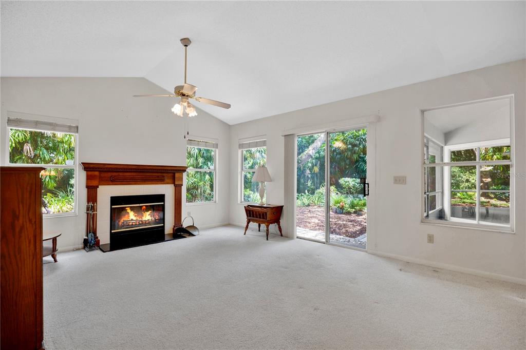 A living room features a fireplace, vaulted ceiling, ceiling fan, carpeted floors, and sliding glass doors — 309 OAK LEAF CIRCLE, LAKE MARY, FL