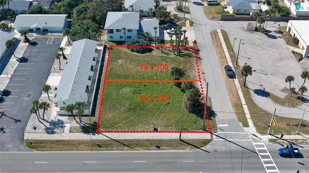 An aerial view shows two adjacent vacant rectangular lots outlined in red along a road — 837 7TH STREET, NEW SMYRNA BEACH, FL