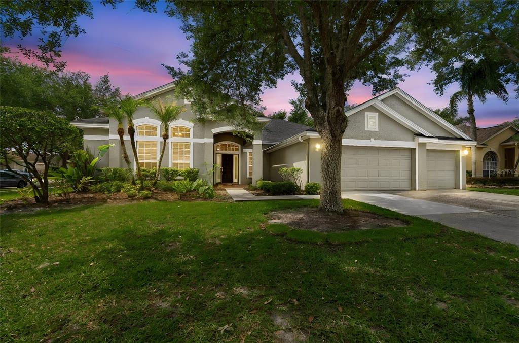 A single-story house with a gray exterior, a three-car garage, and a large front tree — 10243 SHADOW BRANCH DRIVE, TAMPA, FL