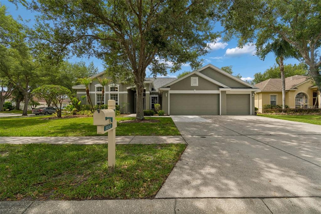 A single-story house with a three-car garage, a concrete driveway, and a front lawn — 10243 SHADOW BRANCH DRIVE, TAMPA, FL