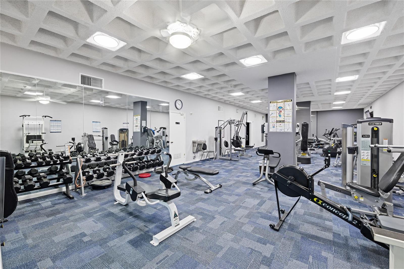 A gym room features a grid ceiling, blue patterned carpet, mirrors, and various exercise equipment — 1360 S Ocean Boulevard # 403, Pompano Beach FL 33062, POMPANO BEACH, FL