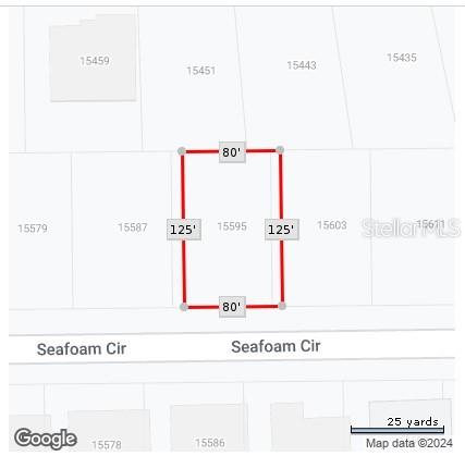 This map shows the rectangular property boundaries and dimensions of a vacant residential lot — 15595 SEAFOAM CIRCLE, PORT CHARLOTTE, FL