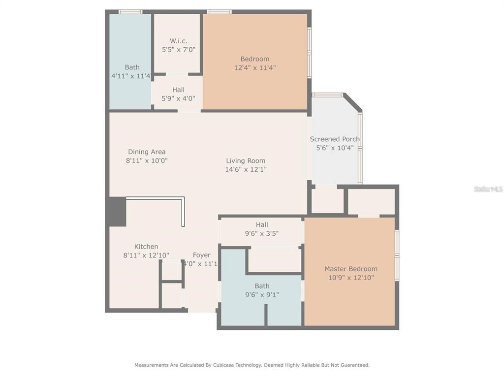 This is a floor plan showing a two-bedroom, two-bathroom apartment with a screened porch — 18001 RICHMOND PLACE DRIVE UNIT 1033, TAMPA, FL