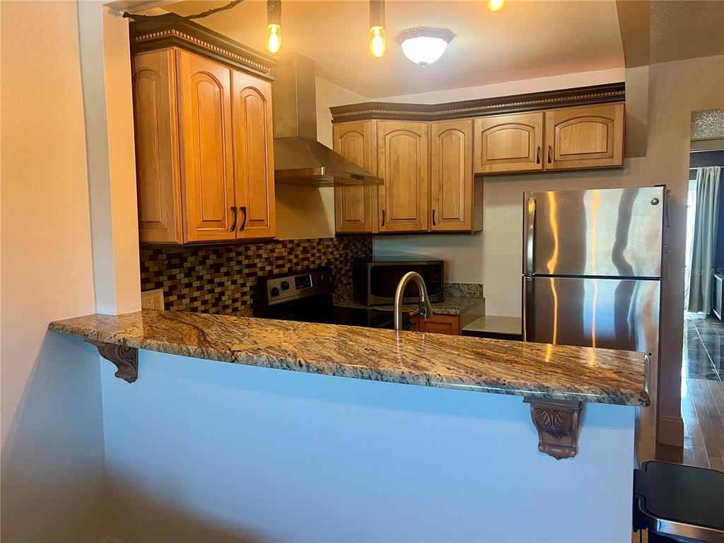 A kitchen features wood cabinets, granite countertops, stainless steel appliances, and a breakfast bar — 24862 US HIGHWAY 19 N UNIT 1804, CLEARWATER, FL