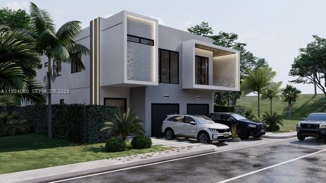 This is a rendering of a modern two-story house with two cars parked in front — 610 NW 25th Ct, Miami FL 33125, MIAMI, FL