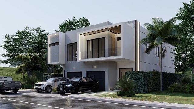 A rendering of a modern two-story house with two garages and two parked SUVs — 610 NW 25th Ct, Miami FL 33125, MIAMI, FL