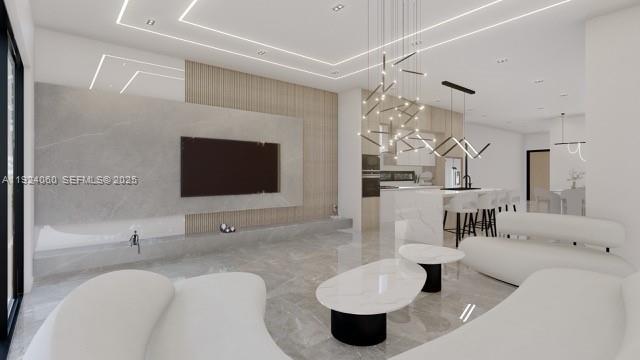 This is a rendering of a modern open-concept living room with marble floors and walls — 610 NW 25th Ct, Miami FL 33125, MIAMI, FL