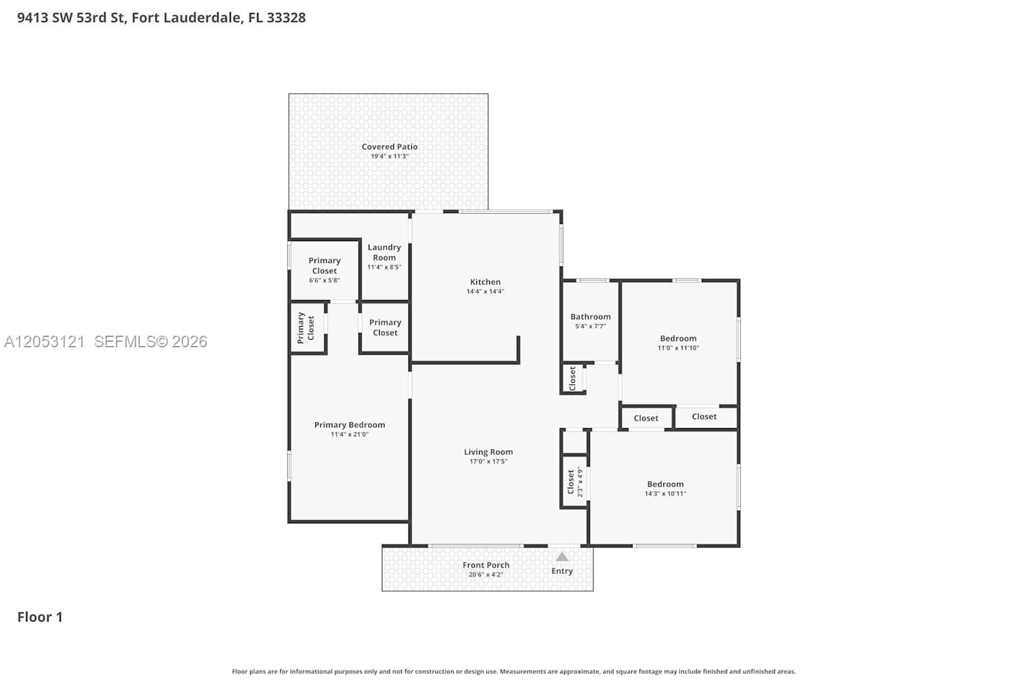 This is a floor plan of a single-story home with three bedrooms and a patio — COOPER CITY, FL