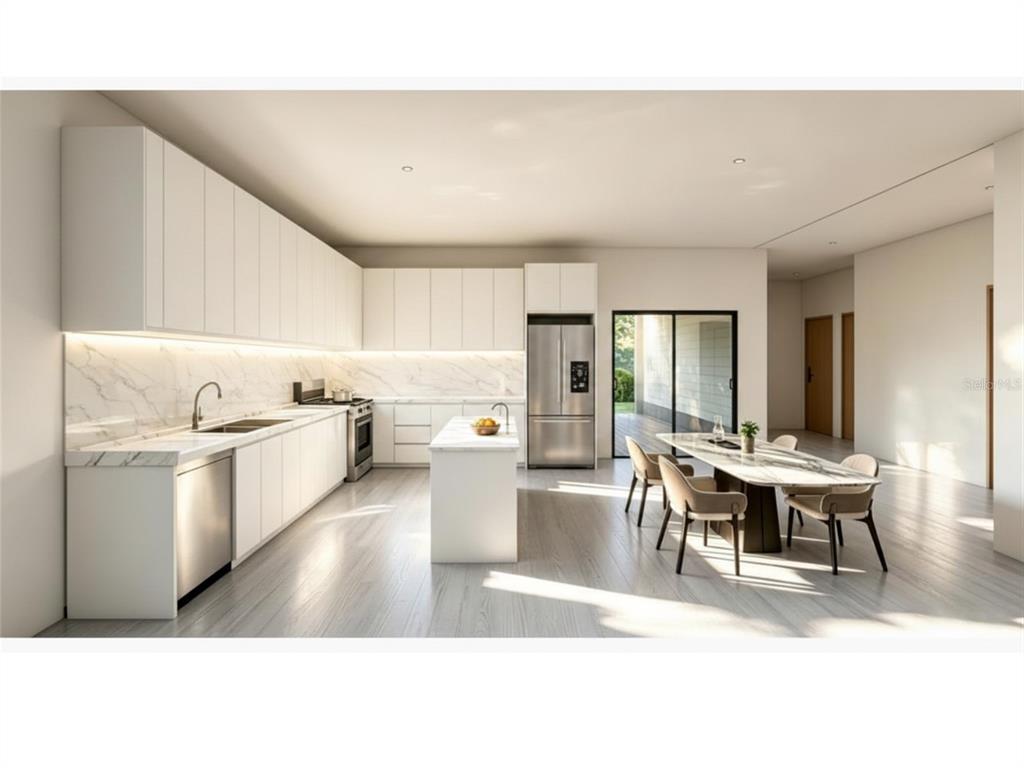 This is a rendering of a modern kitchen with white cabinetry, marble countertops, and dining area — 102 TOMPKINS STREET, PORT CHARLOTTE, FL