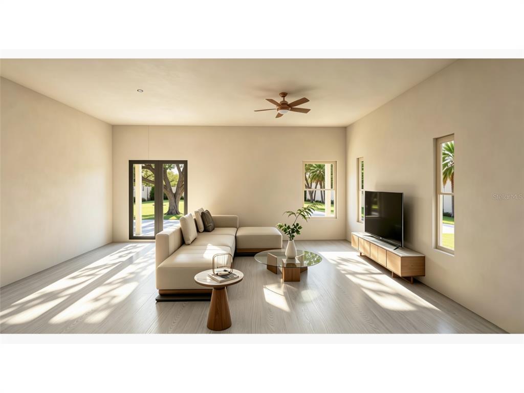 This is a rendering of a modern living room with a sectional sofa and television — 102 TOMPKINS STREET, PORT CHARLOTTE, FL