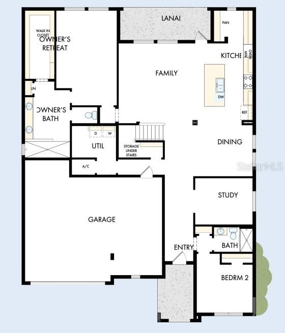 This is a floor plan of a single-story home featuring a garage, kitchen, and bedrooms — 7713 MARINA BAY COVE, PALMETTO, FL
