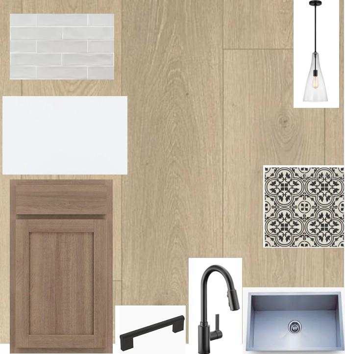 A mood board displays kitchen finishes including wood cabinets, light flooring, tile samples, and hardware — 7713 MARINA BAY COVE, PALMETTO, FL