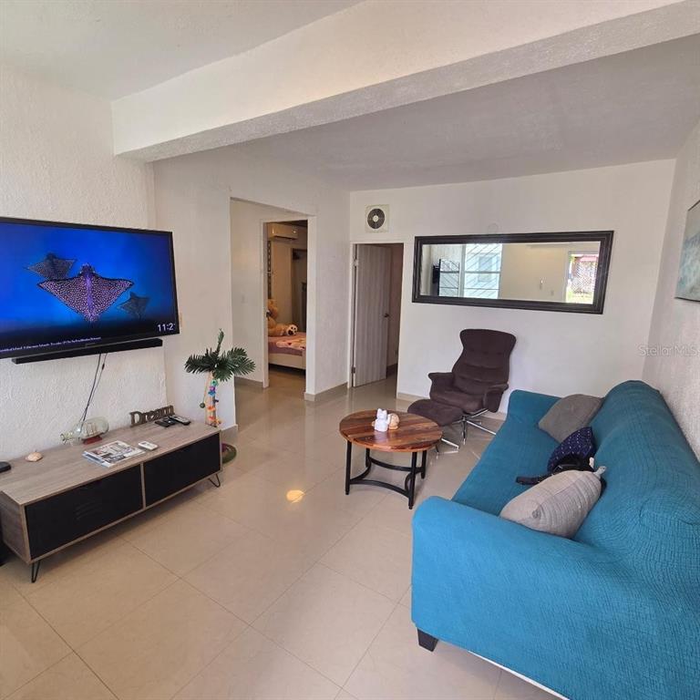 A living room features a blue sofa, a television on a stand, and a round table — Doncella PLAZA COND UNIT 2, SAN JUAN, PR