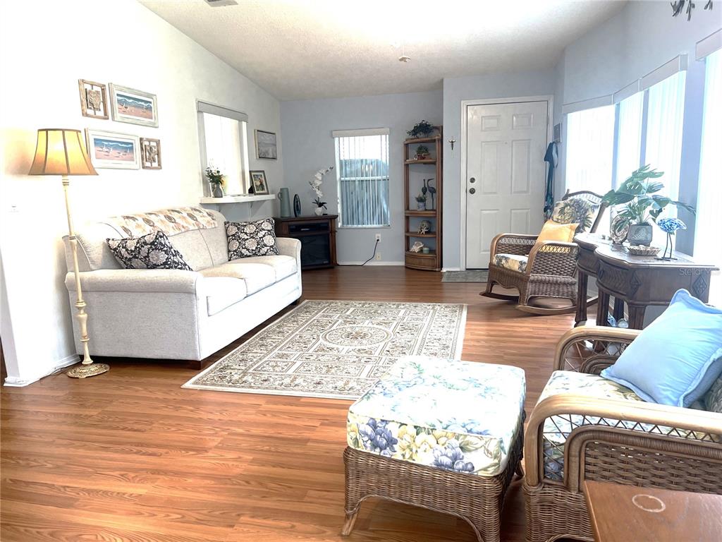 A living room features light-colored walls, wood-look flooring, a sofa, wicker chairs, and a rug — 16581 SE 96TH AVENUE, SUMMERFIELD, FL