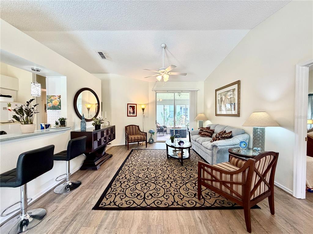 A living room features light wood flooring, a patterned area rug, and a breakfast bar — 25510 BELLE ALLIANCE, LEESBURG, FL