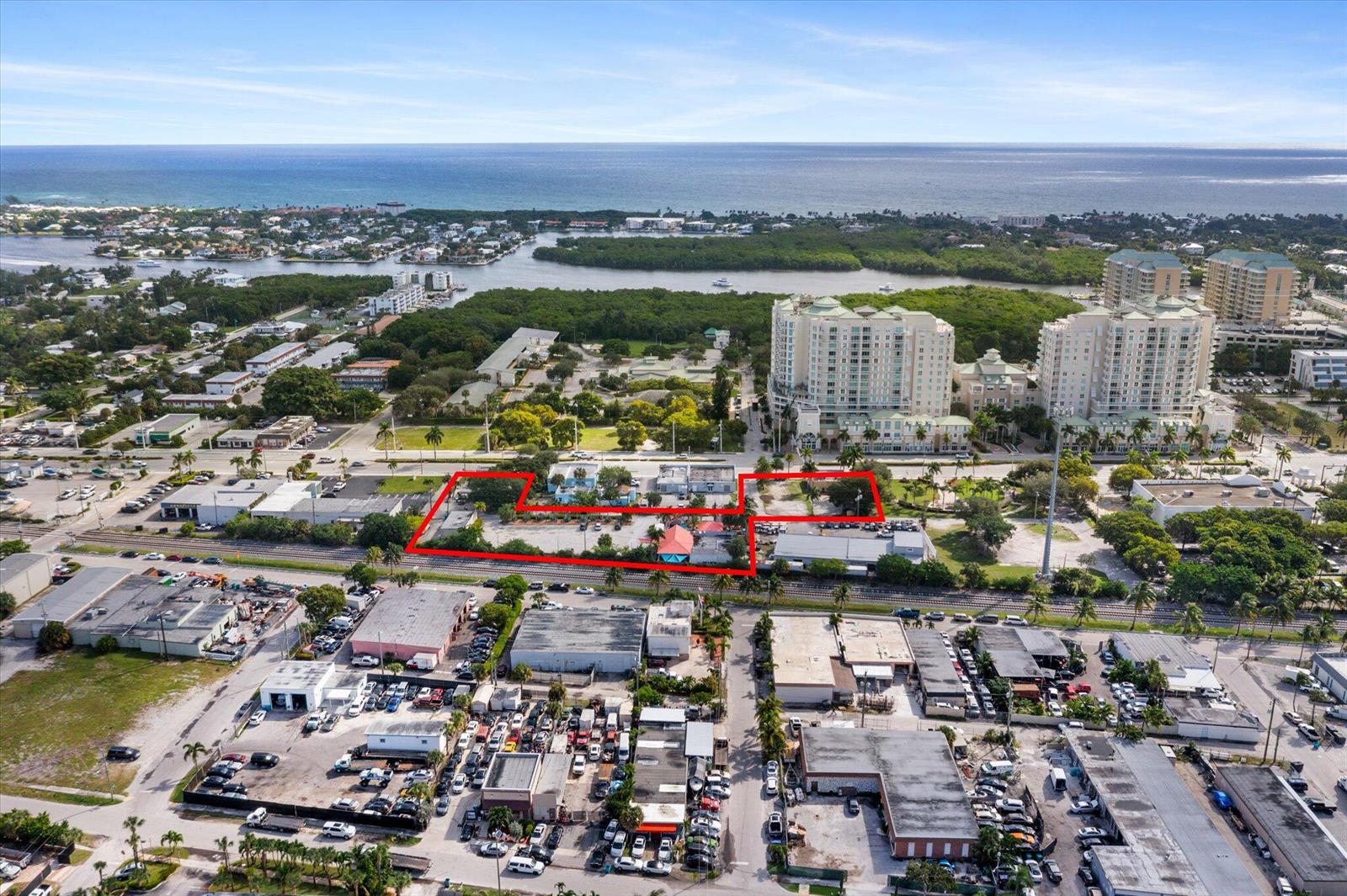 An aerial view shows a commercial property outlined in red near a coastal residential area — 511 NE 4th Street, Boynton Beach FL 33435, BOYNTON BEACH, FL