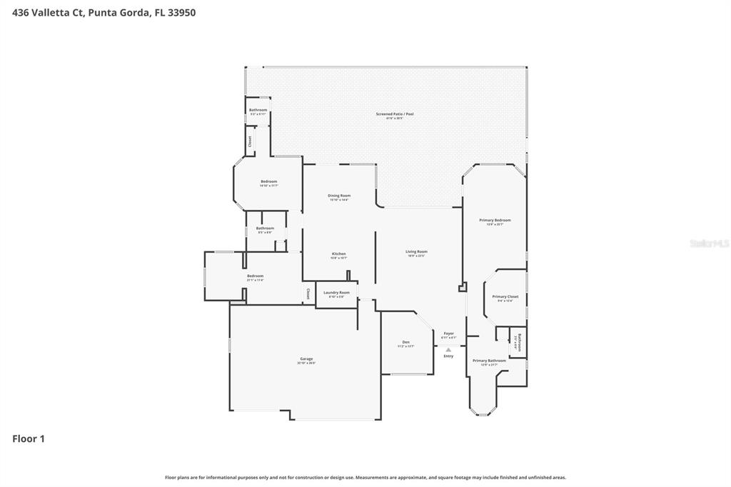 This is a floor plan for a single-story house featuring a pool and screened patio — 436 VALLETTA COURT, PUNTA GORDA, FL